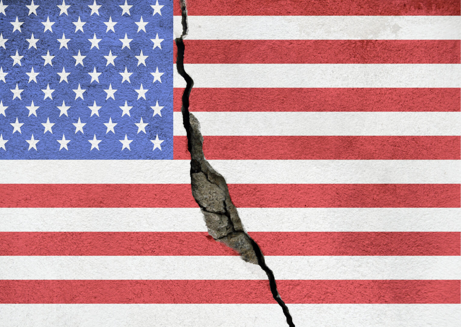 America divided concept, american flag on cracked background.  US elections, polarization and division between republicans and democrats, rich and poor, educated and non educated people