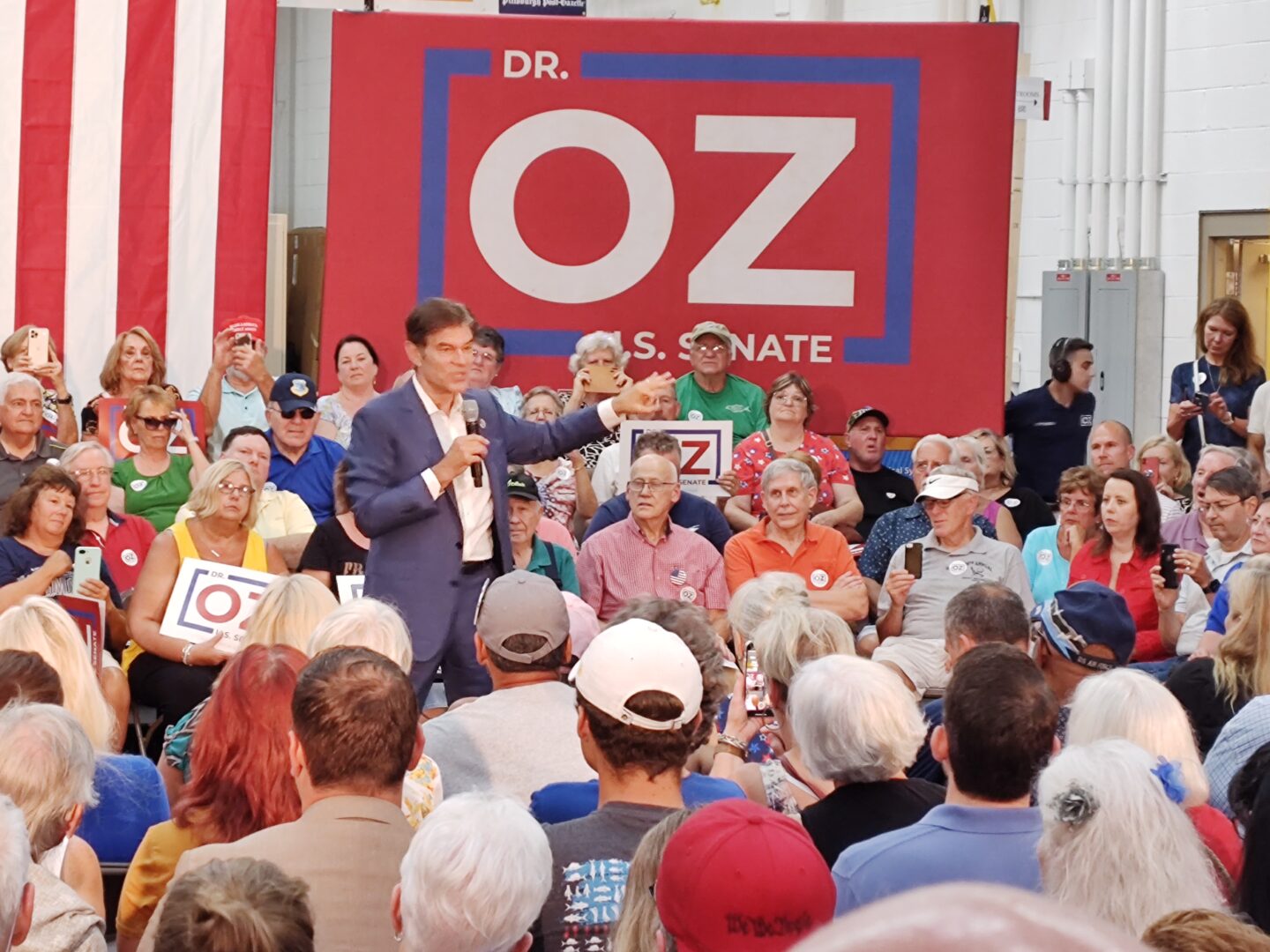 Senate candidate Mehmet Oz speaks with supporters at an Aug. 29, 2022 town hall in Monroeville
