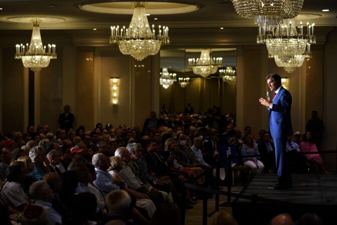 Mehmet Oz, a Republican candidate for U.S. Senate in Pennsylvania, speaks during a Republican Jewish Coalition event in Philadelphia, Wednesday, Aug. 17, 2022.