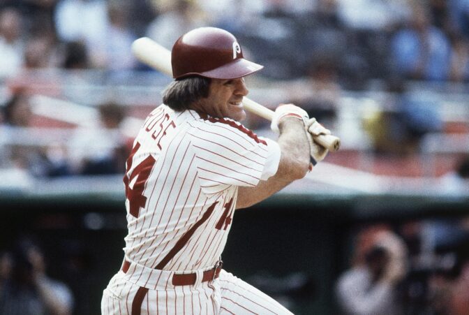 Philadelphia Phillies' Pete Rose bats during a 1980 baseball game.