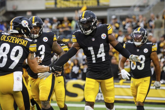 Pittsburgh Steelers wide receiver George Pickens (14) celebrates after a touchdown catch during a preseason NFL football game, Saturday, Aug. 13, 2022, in Pittsburgh, PA.