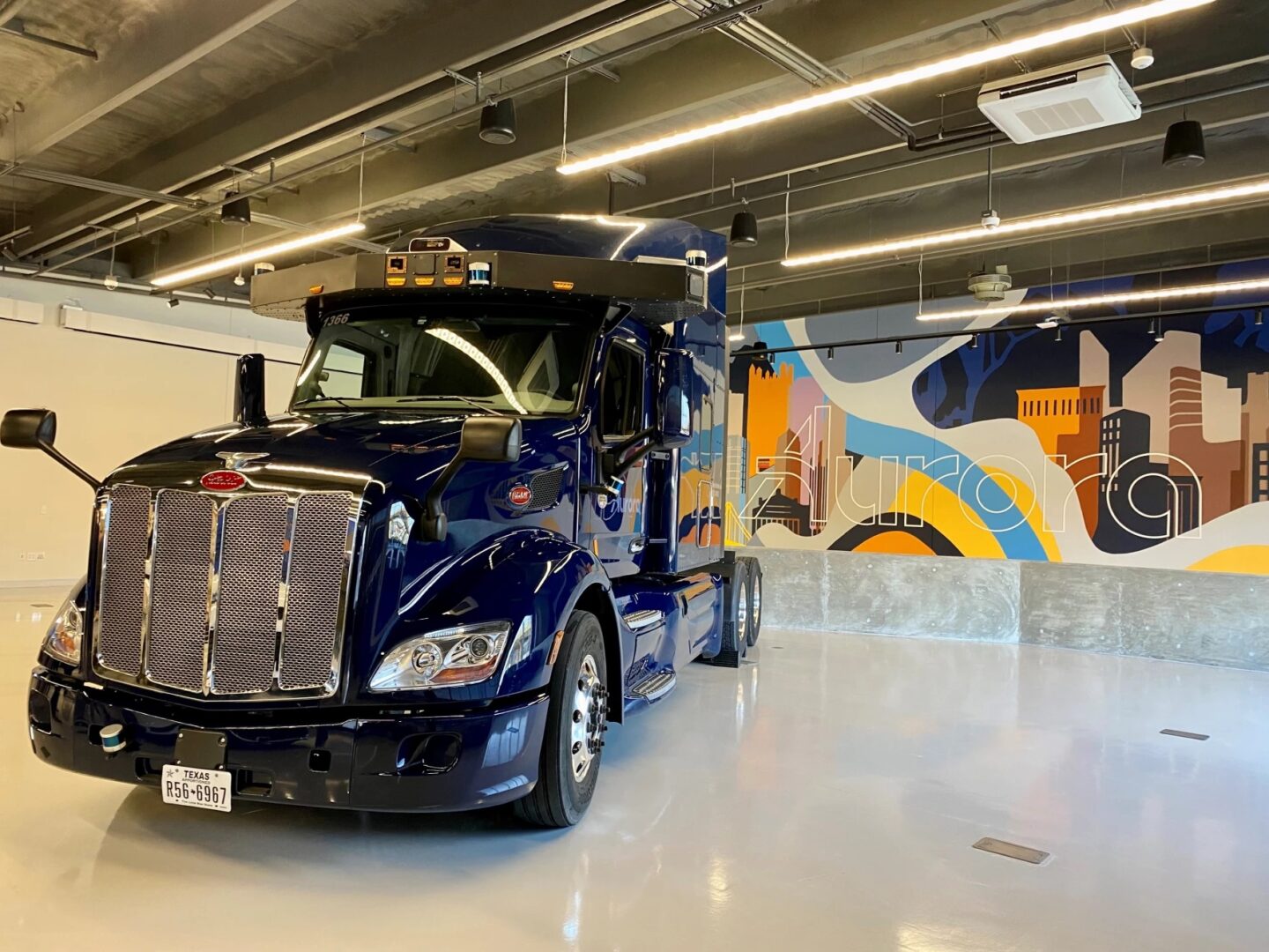 A self-driving semi truck at Aurora Innovation's headquarters in the Strip District.