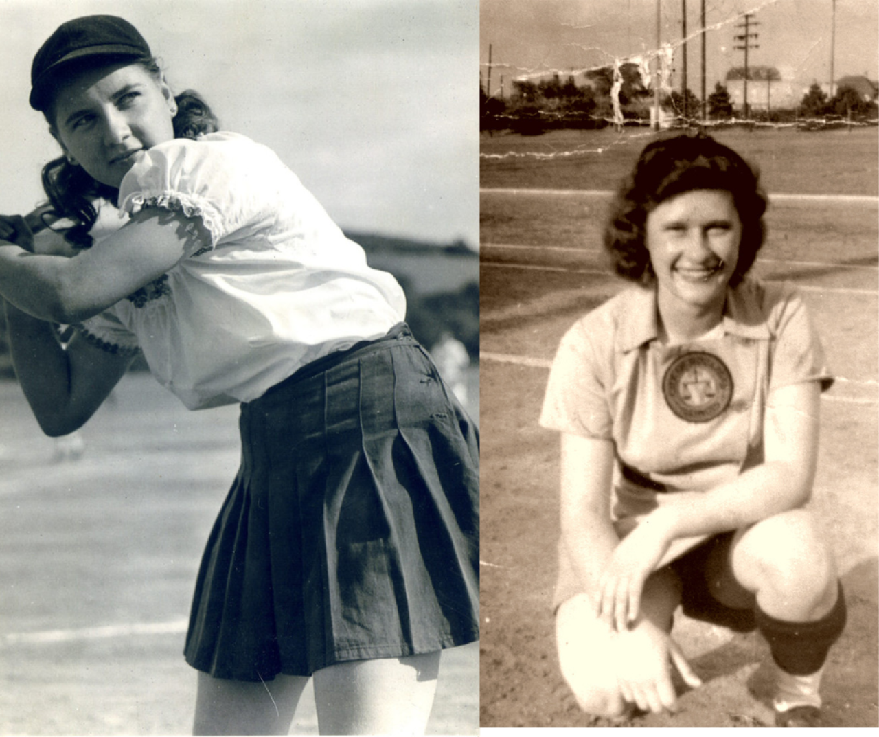 On the left is Dorothy Kovalchick c. 1945. The daughter of a Czech immigrant, Kovalchick grew up in coal country in Armstrong County. Pictured here in her “Kovalchick” team uniform, she played for her father for eight years, drawing fans wherever she went. On the right is Betty Jane Cornett in her uniform c. 1950. The League insisted that the women athletes retain their femininity, even on the ball field.