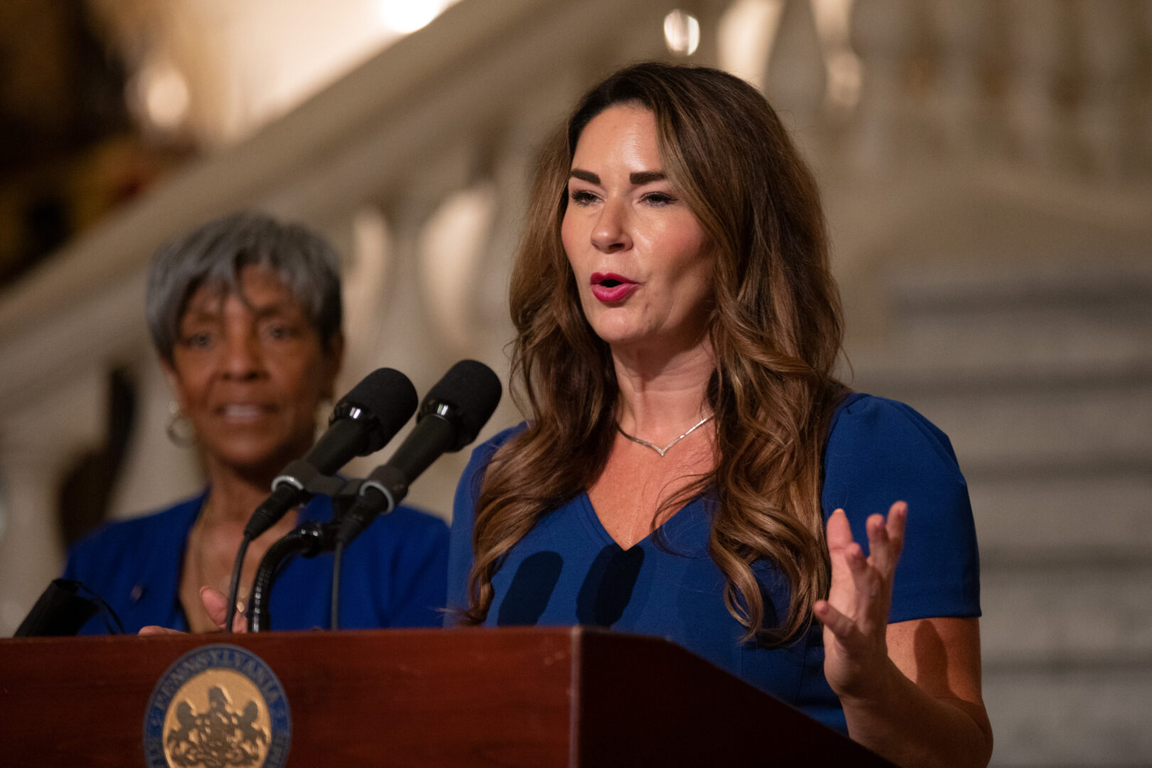 Department of Labor & IndustrySecretary Jennifer Berrier joins labor leaders and Democratic state legislators at a press conference in Harrisburg on Aug. 31, 2022.