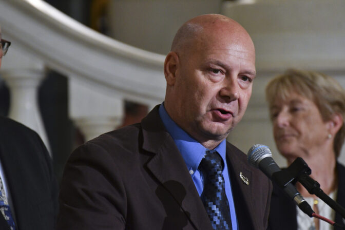 Doug Mastriano, the Republican gubernatorial nominee in Pennsylvania, speaks at an event at the state Capitol in Harrisburg, Pa., July 1, 2022.