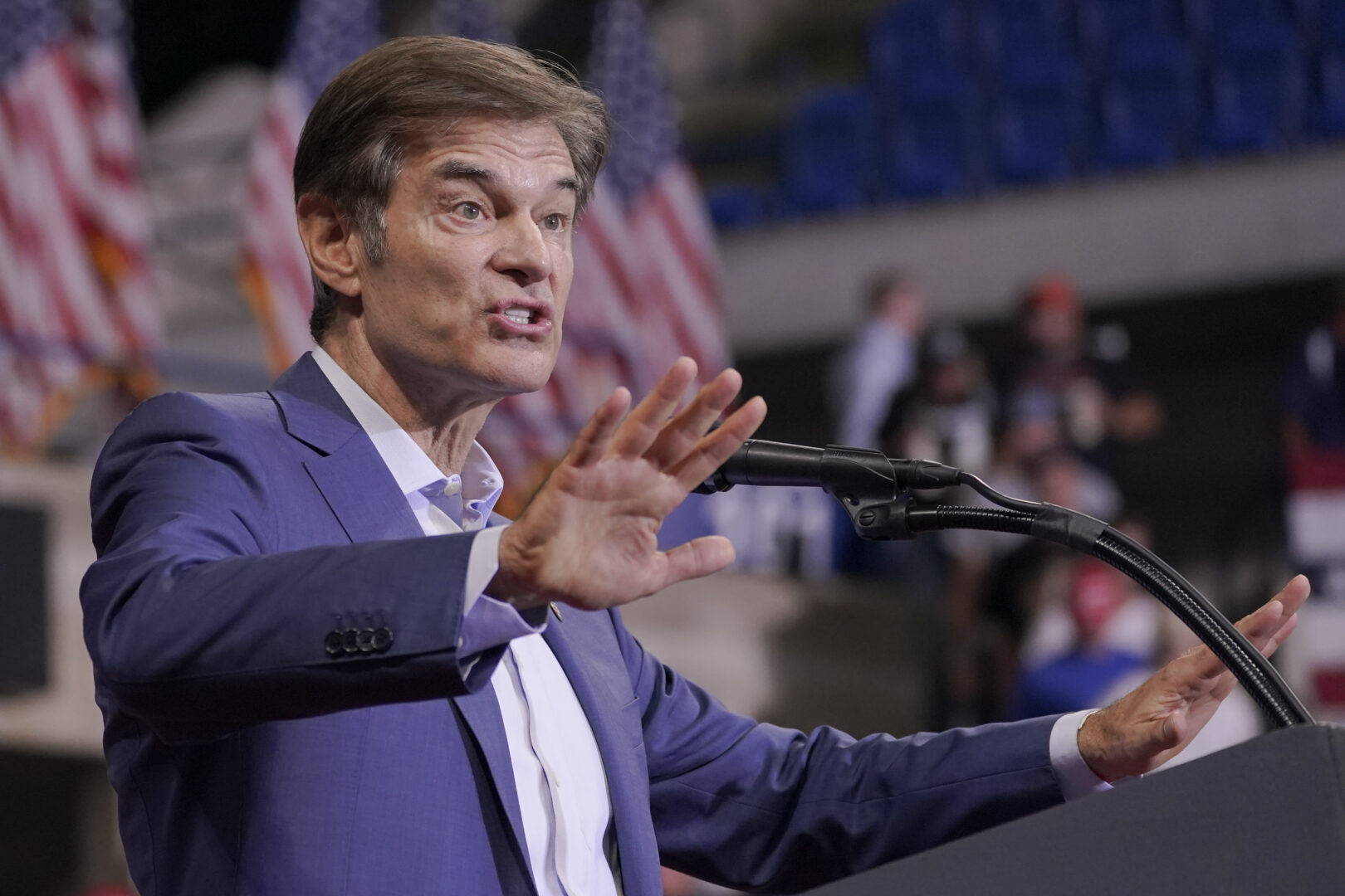 Pennsylvania Republican Senate candidate Mehmet Oz speaks ahead of former President Donald Trump at a rally in Wilkes-Barre, Pa., Saturday, Sept. 3, 2022. 