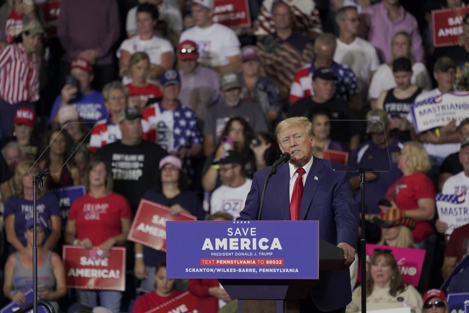 Former President Donald Trump speaks at a rally in Wilkes-Barre, Pa., Saturday, Sept. 3, 2022. (AP Photo/Mary Altaffer)