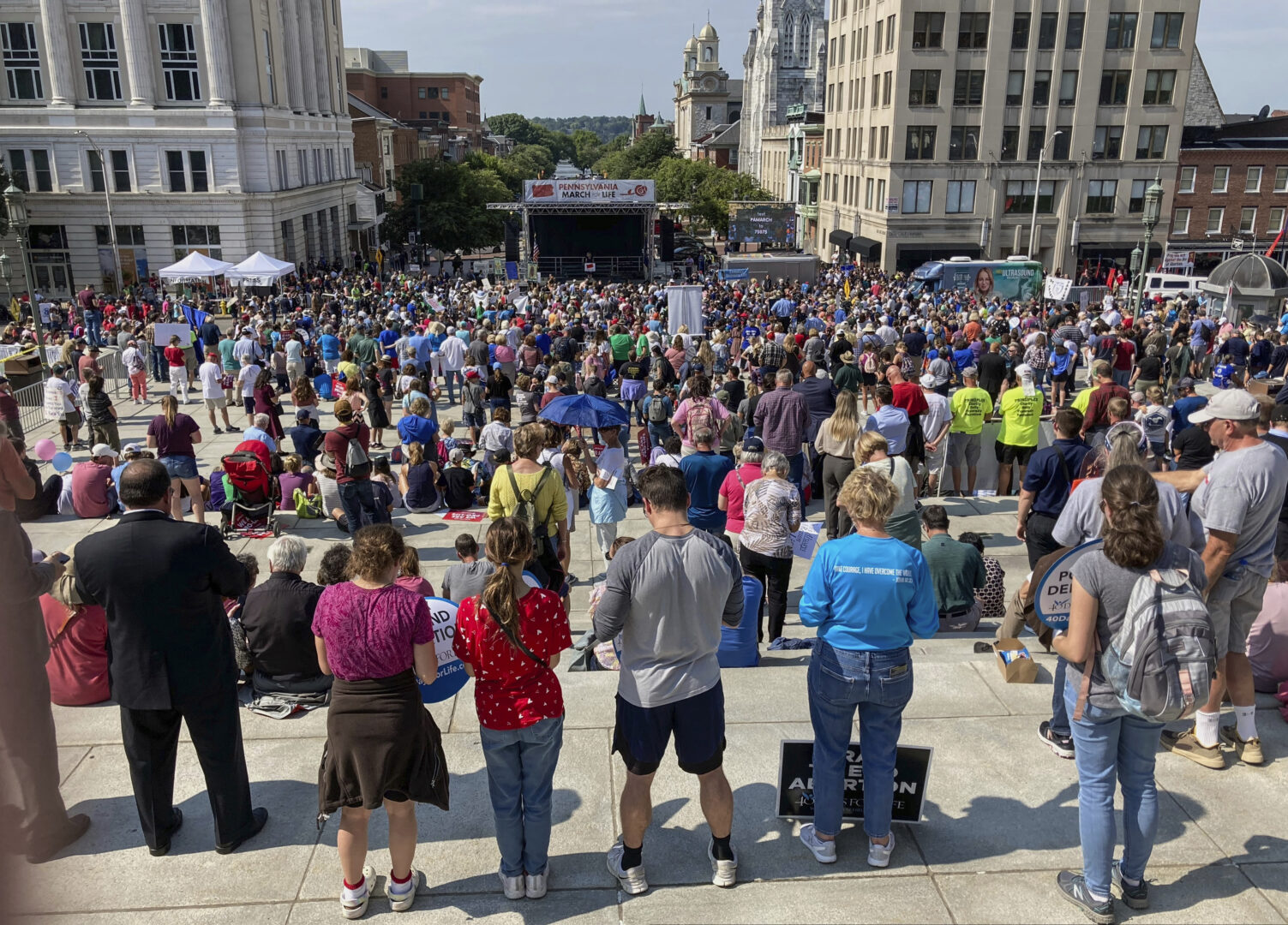 Anti-abortion supporters gather on the front steps of the state Capitol during the Pennsylvania March for Life rally, Monday, Sept. 19, 2022, in Harrisburg, Penn.