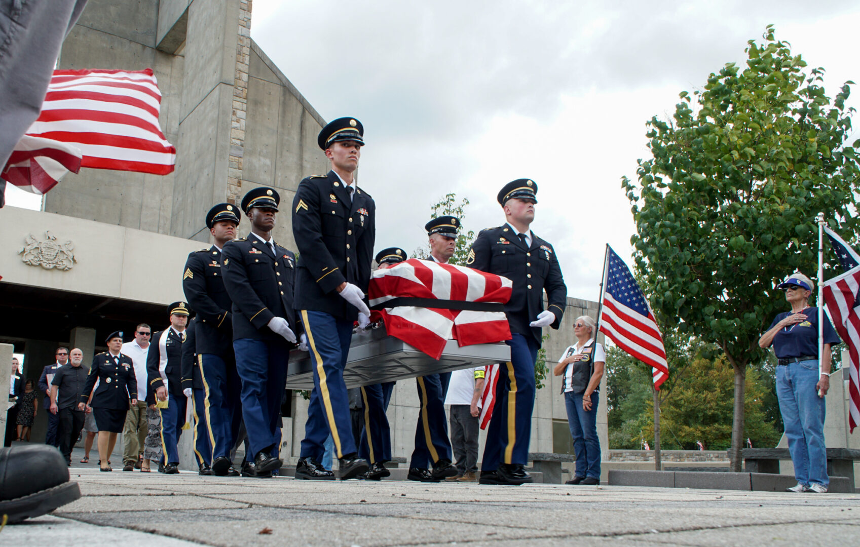 Members of the Pennsylvania Army National GuardPennsylvania Army National Guard Honor Guard carry the casket of U.S. Army Private First Class Donald Born who went missing during the Korean War but was recently identified. He was laid to rest at Indiantown Gap National Cemetery on Aug. 30, 2022. (Jeremy Long/WITF)