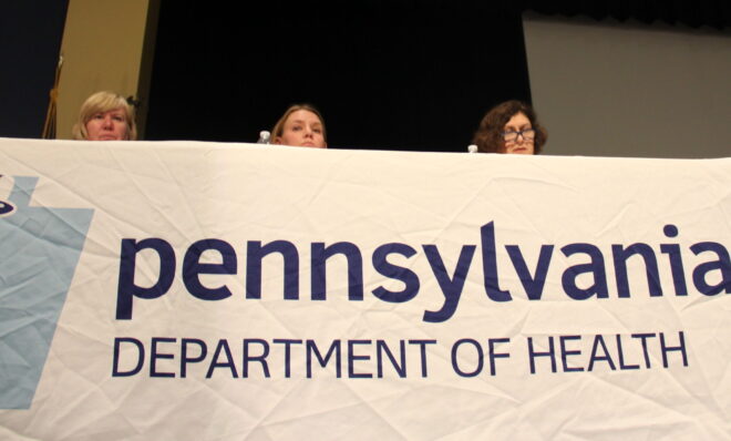 Officials from the Department of Health discuss fracking and public health at a community meeting at Canon-McMillan High School in 2019. Photo: Reid R. Frazier