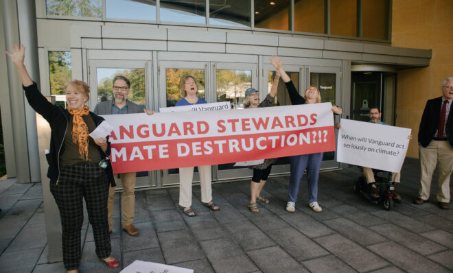 Climate activists from the activist group EQAT staged a protest at Vanguard headquarters in Malvern, Montgomery County. (9/21/22) courtesy of EQAT.