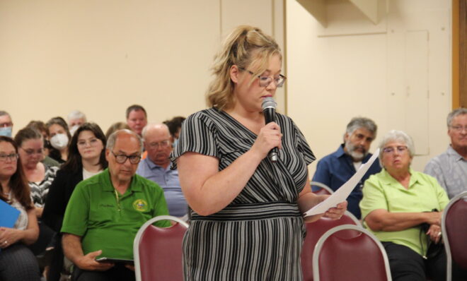 Katie Sheehan testifies at an EPA hearing in Plum, Pa. against the Sedat 4A injection well proposed by Penneco Environmental Resources, LLC on August 30, 2022. Photo: Reid R. Frazier
