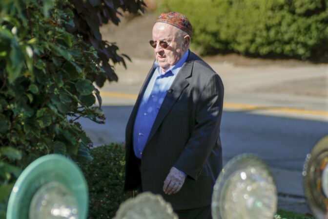 Holocaust survivor Judah Samet walks around the Tree of Life Synagogue, on Oct. 24, 2019 in the Squirrel Hill neighborhood of Pittsburgh.