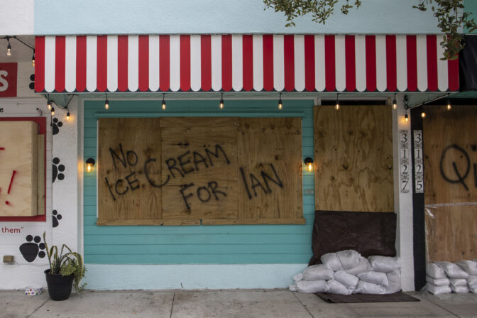 A boarded up business in Gulf Port Florida before Hurricane Ian 