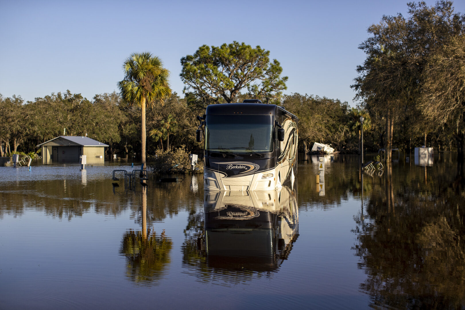 The Peace River RV & Camping Resort in Wauchula Florida on October 1, 2022. The area sits beside the Peace River which overflowed and flooded parts of the area. 
Carlos Osorio for NPR