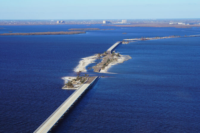 A damaged causeway to Sanibel Island on Sept. 30, 2022, near Sanibel Island, Fla.