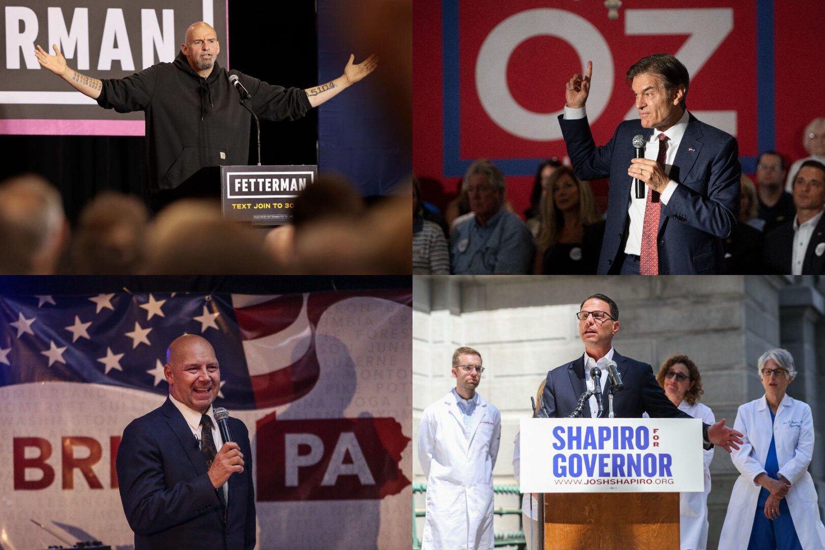From top left, clockwise: U.S. Senate candidate John Fetterman; U.S. Senate candidate Mehmet Oz; gubernatorial candidate Josh Shapiro; gubernatorial candidate Doug Mastriano