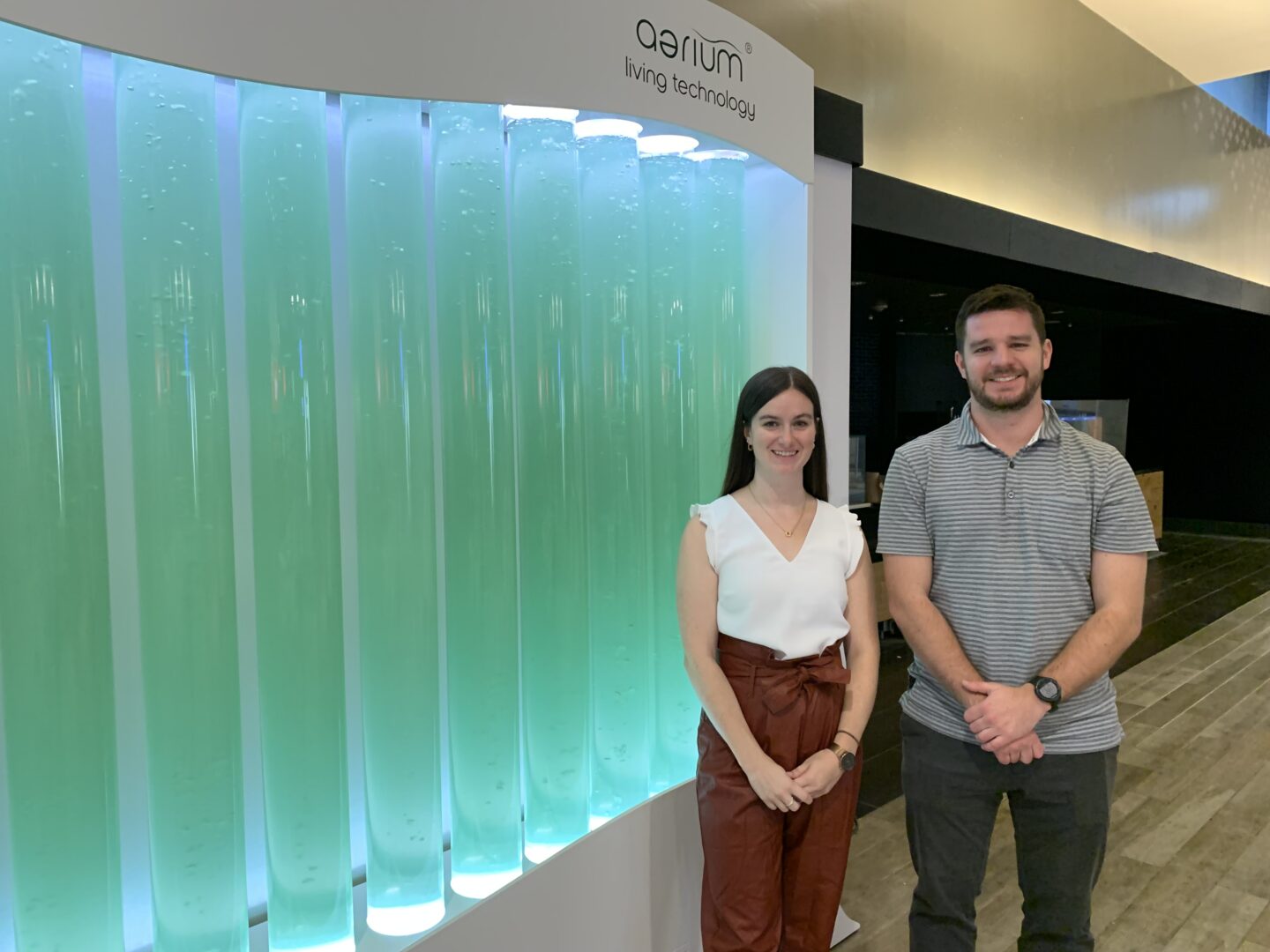 Kelsey Abernathy and Dan Fucich founded Algenair in 2018 while completing their PhDs at the University of Maryland. They are testing their patent-pending air purifier, called an aerium, at the Pittsburgh International Airport. It uses algae to remove carbon dioxide from the air.