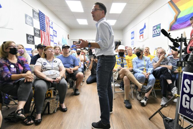 Josh Shapiro, Pennsylvania's Democratic nominee for governor, records a video message on Cindy Barnes' cell phone for children after he spoke at a campaign event at Franklin County Democratic Party headquarters, Sept. 17, 2022, in Chambersburg, Pa.