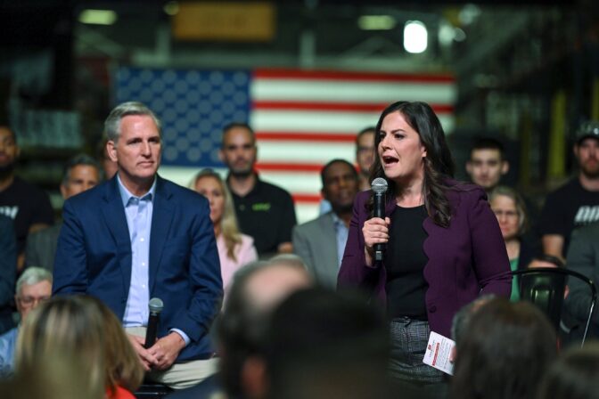 Rep. Elise Stefanik, R-N.Y., speaks as House Minority leader Kevin McCarthy, R-Calif., listens at DMI Companies in Monongahela, Pa., Friday, Sept. 23, 2022. McCarthy joined with other House Republicans to unveil their "Commitment to America" agenda.