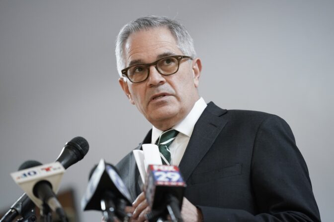 Philadelphia District Attorney Larry Krasner speaks during a news conference in Philadelphia, Monday, Jan. 31, 2022.