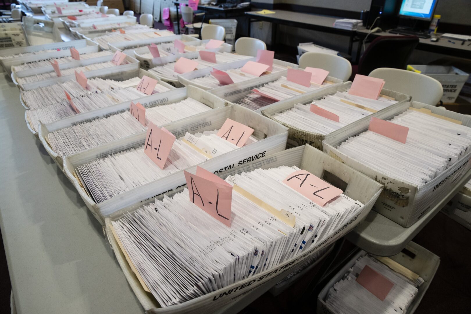 Processed mail-in ballots are seen at the Chester County Voter Services office in West Chester, Pa., prior to the primary election, May 28, 2020.