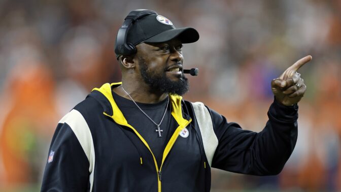 Pittsburgh Steelers coach Mike Tomlin questions an official during the second half of the team's NFL football game against the Cleveland Browns in Cleveland, Thursday, Sept. 22, 2022. The Browns won 29-17.