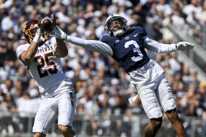 Penn State cornerback Johnny Dixon (3) breaks up a pass intended for Central Michigan wide receiver Noah Koenigsknecht (25) during the second half of an NCAA college football game, Saturday, Sept. 24, 2022, in State College, Pa.