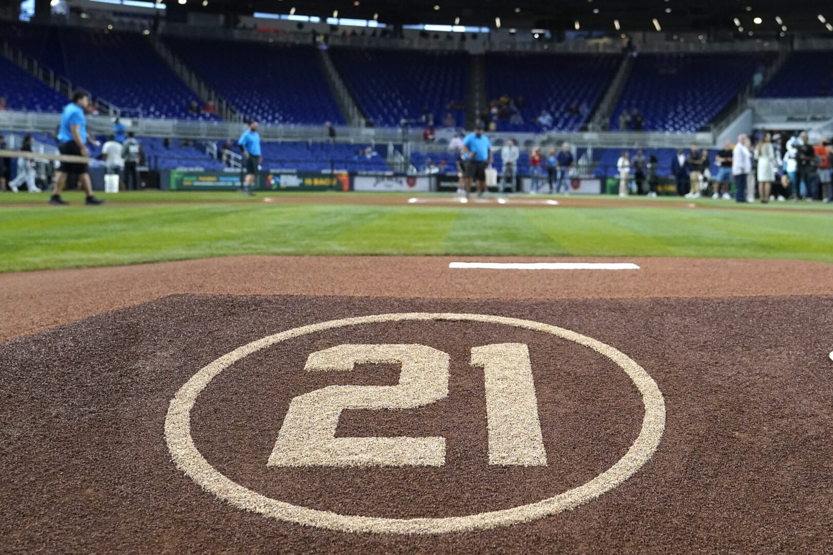 The No. 21 is on the pitching mound in honor of Roberto Clemente Day before a baseball game between the Miami Marlins and the Philadelphia Phillies, Thursday, Sept. 15, 2022, in Miami.