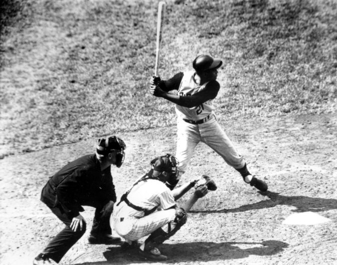 Roberto Clemente, Pittsburgh Pirates outfielder, goes to bat as pinch-hitter in the ninth inning against Chicago Cubs in Chicago, Ill., on May 6, 1965.