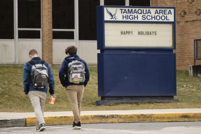 Students walk to Tamaqua Area High School in Tamaqua, Pa., Friday, Jan. 4, 2019.