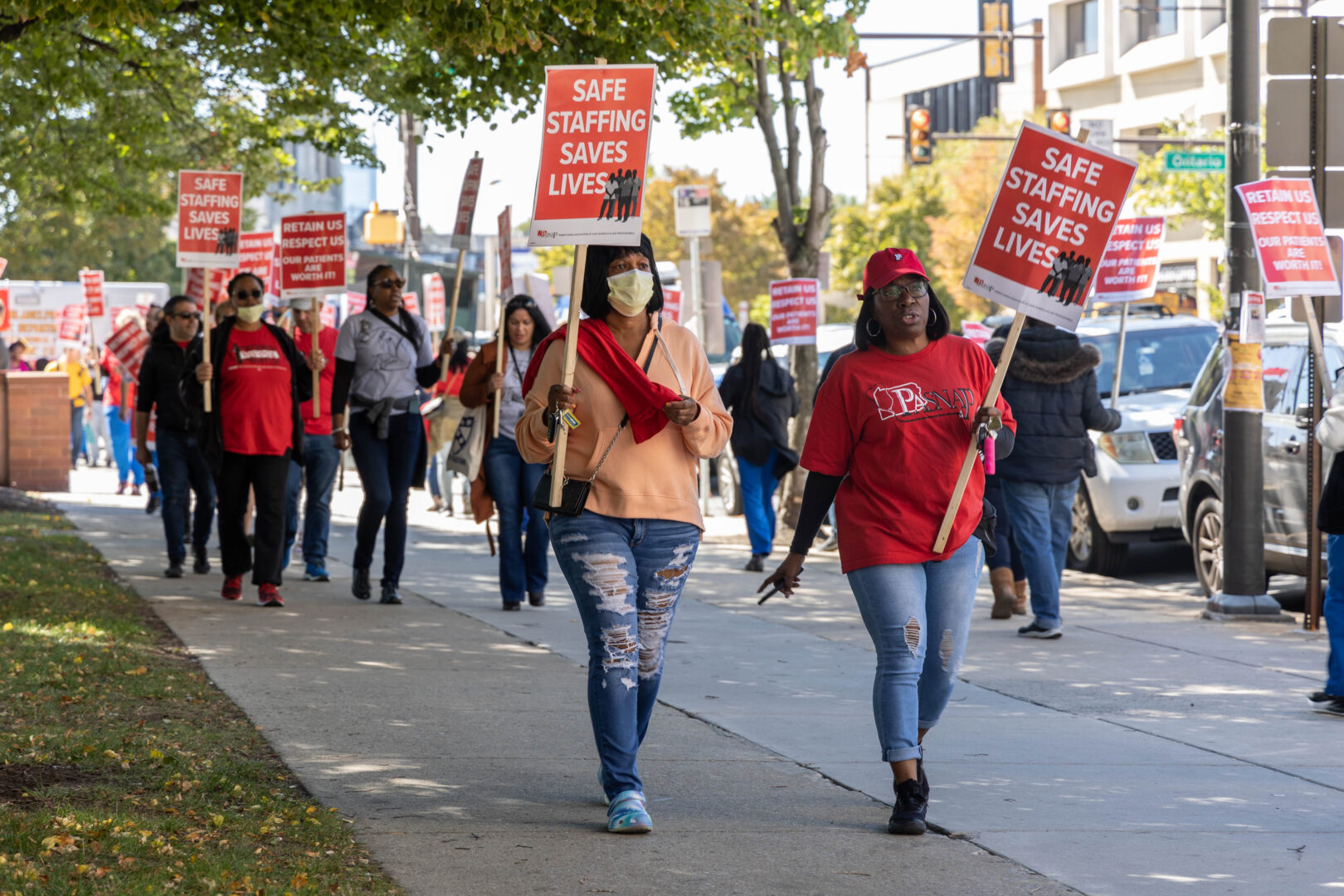 Nurses at Temple University Hospital in Philadelphia picketed on Broad Street during negotiations of a 3-year contract to raise awareness about issues of recruiting, retention and pay disparity, on September 23, 2022. 