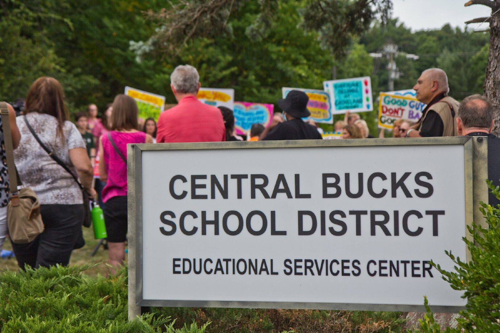 Parents, students and teachers rallied ahead of the Central Bucks School District’s vote to remove books perceived to have sexualized content from their libraries outside the district’s headquarters in Doylestown on July 26, 2022. 