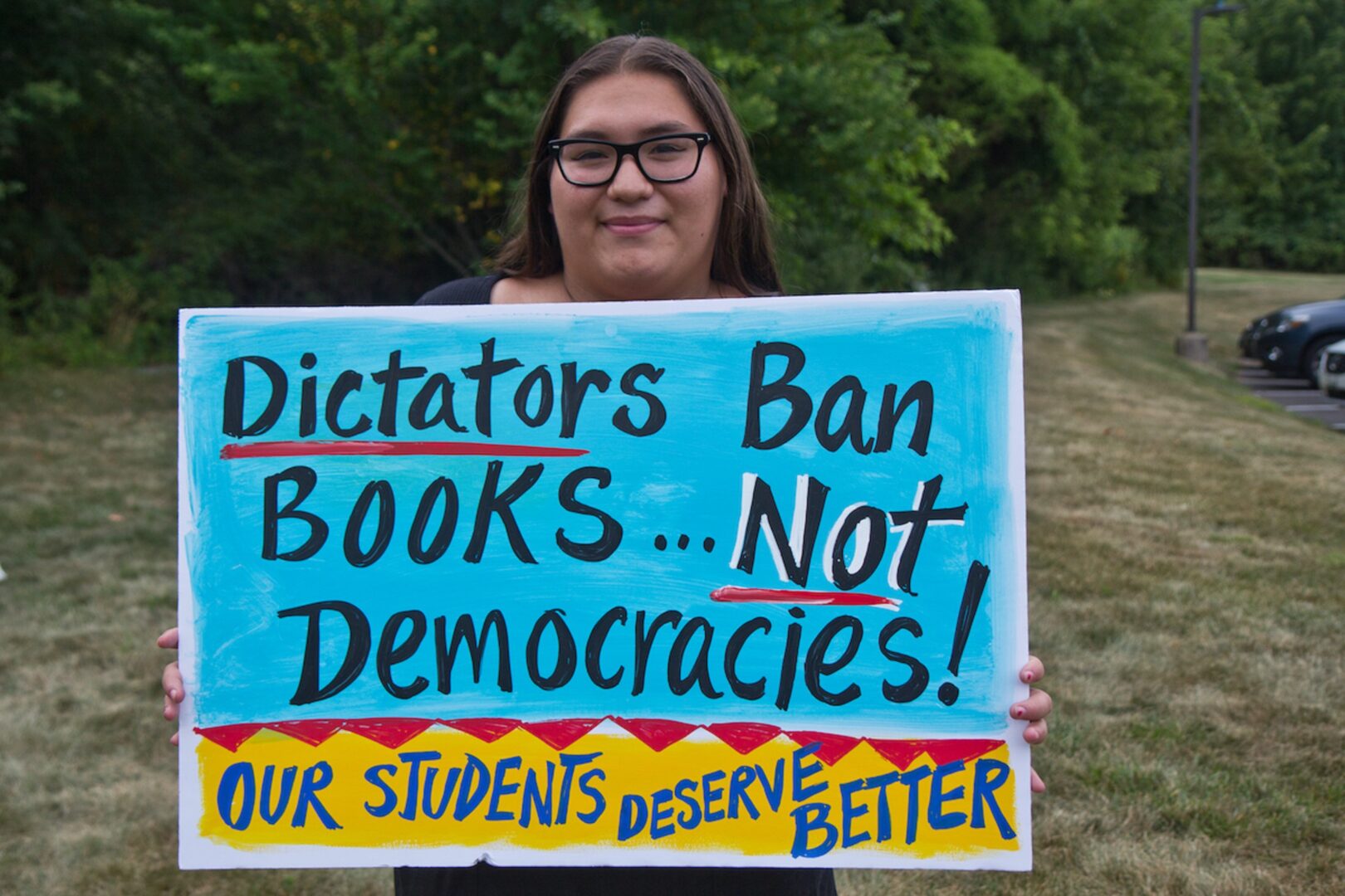 Michaela, a sophomore student at Central Bucks West High School, said at first they feared speaking out about removing books deemed sexualized from district schools’ libraries, at a rally ahead of the Central Bucks School District’s vote to remove books perceived to have sexualized content from their libraries on July 26, 2022. 