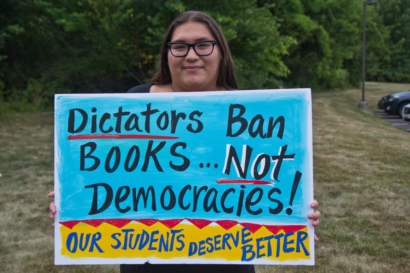 Michaela, a sophomore student at Central Bucks West High School, said at first they feared speaking out about removing books deemed sexualized from district schools’ libraries, at a rally ahead of the Central Bucks School District’s vote to remove books perceived to have sexualized content from their libraries on July 26, 2022.