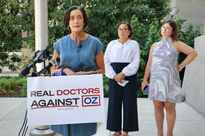 Dr. Val Arkoosh, (left) Chair of Montgomery County Board of Commissioners, outside Philadelphia City Hall, where they launched the Real Doctors Against Oz campaign.