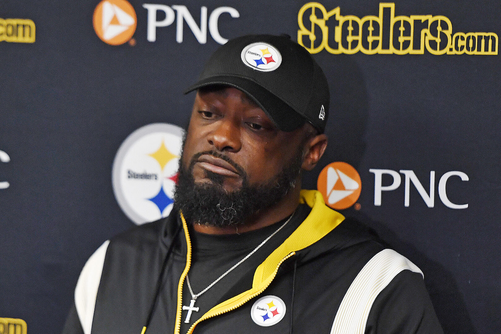 Pittsburgh Steelers head coach Mike Tomlin meets with reporters after an NFL football game against the Buffalo Bills in Pittsburgh, Sunday, Oct. 9, 2022. The Bills won 38-3.