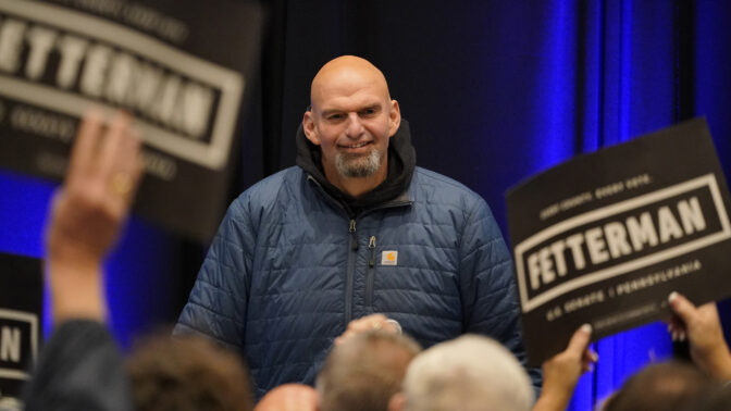 Pennsylvania Lt. Gov. John Fetterman, a Democratic candidate for U.S. Senate, speaks during a campaign event at the Steamfitters Technology Center in Harmony, Pa., Oct. 18, 2022. Fetterman is releasing a new doctor’s note saying that he's recovering well from a May stroke as he vies for Pennsylvania’s pivotal U.S. Senate seat. (