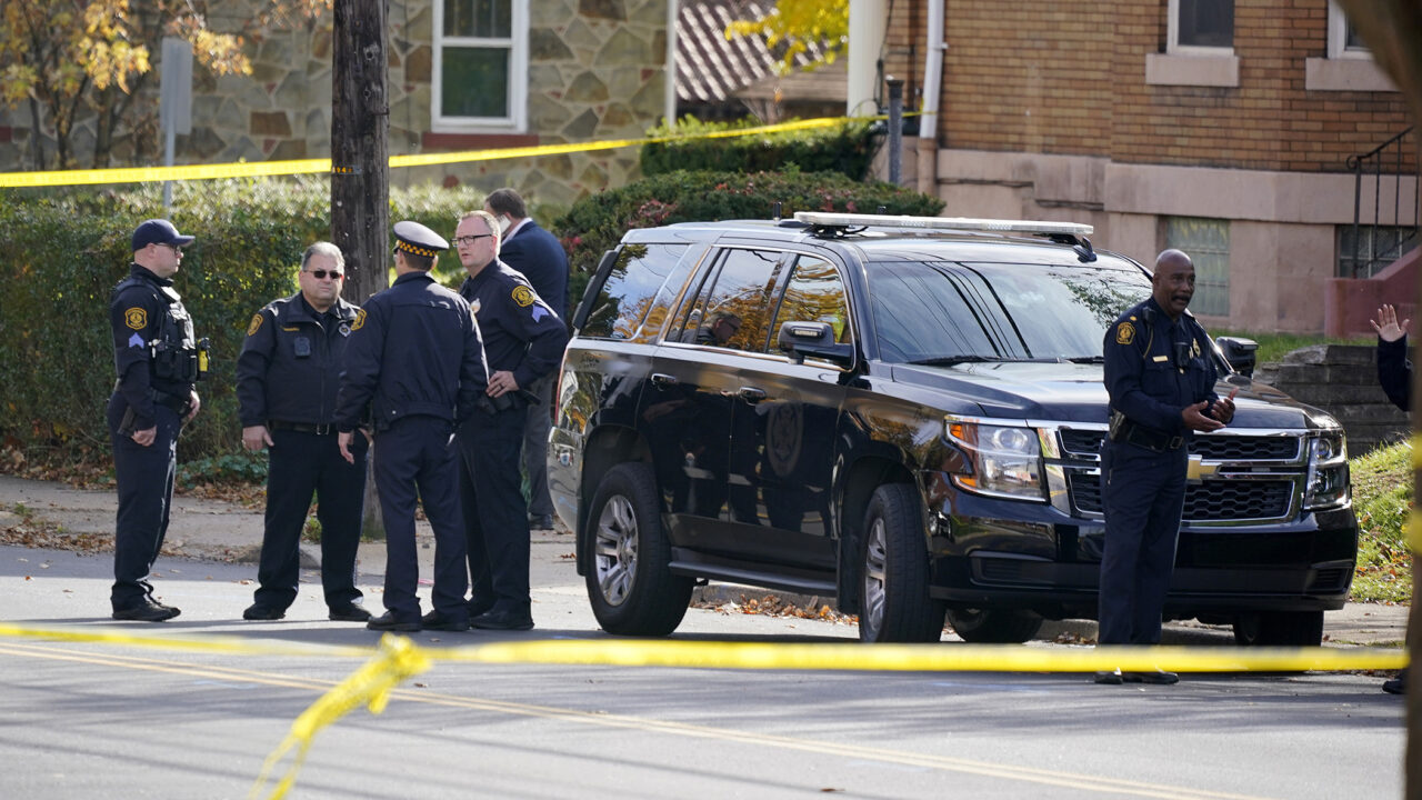 Pittsburgh Police gather outside the Destiny of Faith Church in Pittsburgh