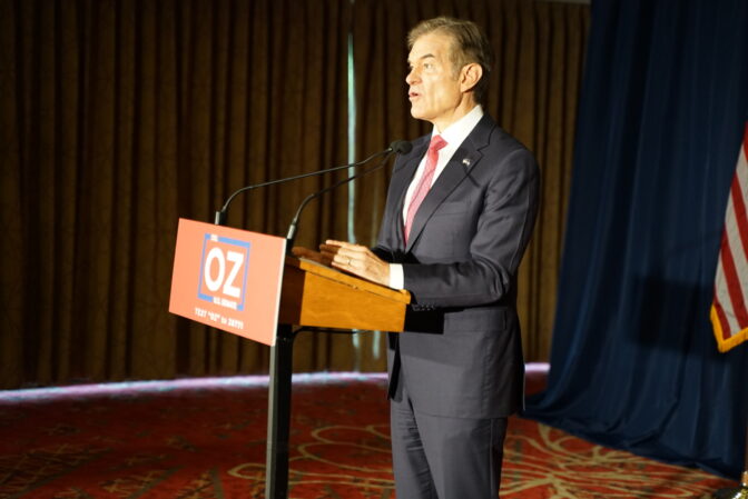 Mehmet Oz speaks to the media at an event in Pittsburgh
