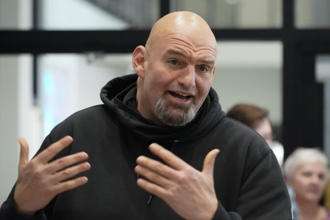 Pennsylvania Lt. Gov. John Fetterman visits with people in Harmony on March 4, 2022