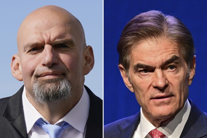 This combination of file photos shows Democratic Senate candidate, Pennsylvania Lt. Gov. John Fetterman, left, and Republican Senate candidate Dr. Mehmet Oz in 2022 photos.