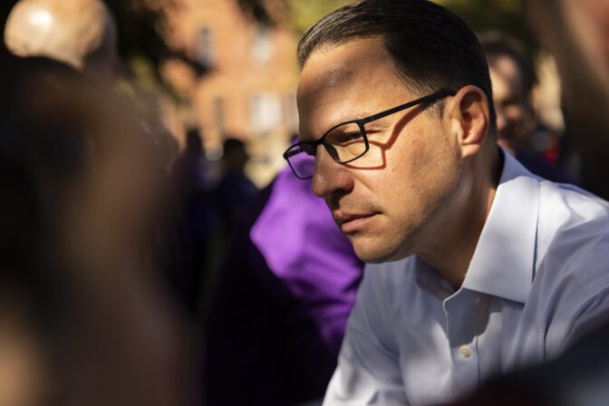 Pennsylvania candidate for governor, state Attorney General Josh Shapiro, meets with attendees at an SEIU union event in Philadelphia, Saturday, Oct. 15, 2022.