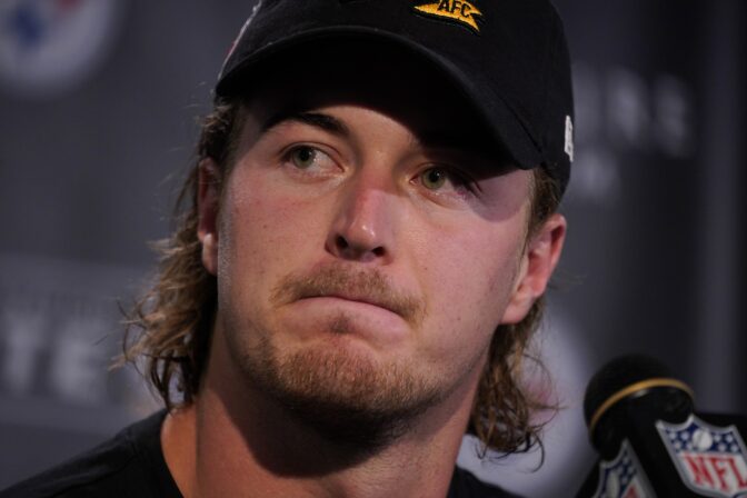 Pittsburgh Steelers quarterback Kenny Pickett meets with reporters after an NFL football game against the New York Jets in Pittsburgh, Sunday, Oct. 2, 2022.