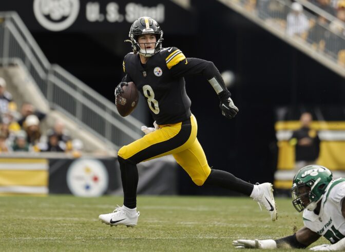 Pittsburgh Steelers quarterback Kenny Pickett scrambles against the New York Jets during an NFL football game at Acrisure Stadium, Sunday, Oct. 2, 2022 in Pittsburgh