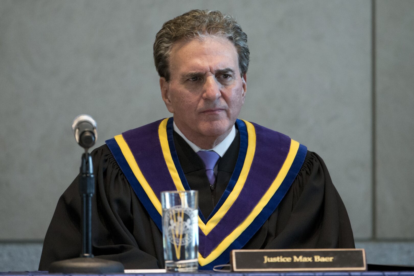 In this Tuesday, Jan. 5, 2016 photo Pennsylvania Supreme Court Justice Max Baer attends a ceremony at the National Constitution Center in Philadelphia.