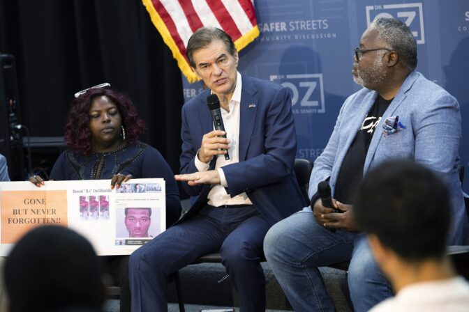 Mehmet Oz, a Republican candidate for U.S. Senate in Pennsylvania, speaks at House of Glory Philly CDC in Philadelphia, in this file photo from Sept. 19, 2022.