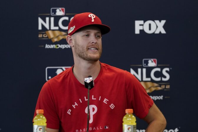 Philadelphia Phillies starting pitcher Zack Wheeler speaks at a news conference ahead of Game 1 of the baseball NL Championship Series against the San Diego Padres, Monday, Oct. 17, 2022, in San Diego. The Padres host the Phillies for Game 1 Oct. 18.