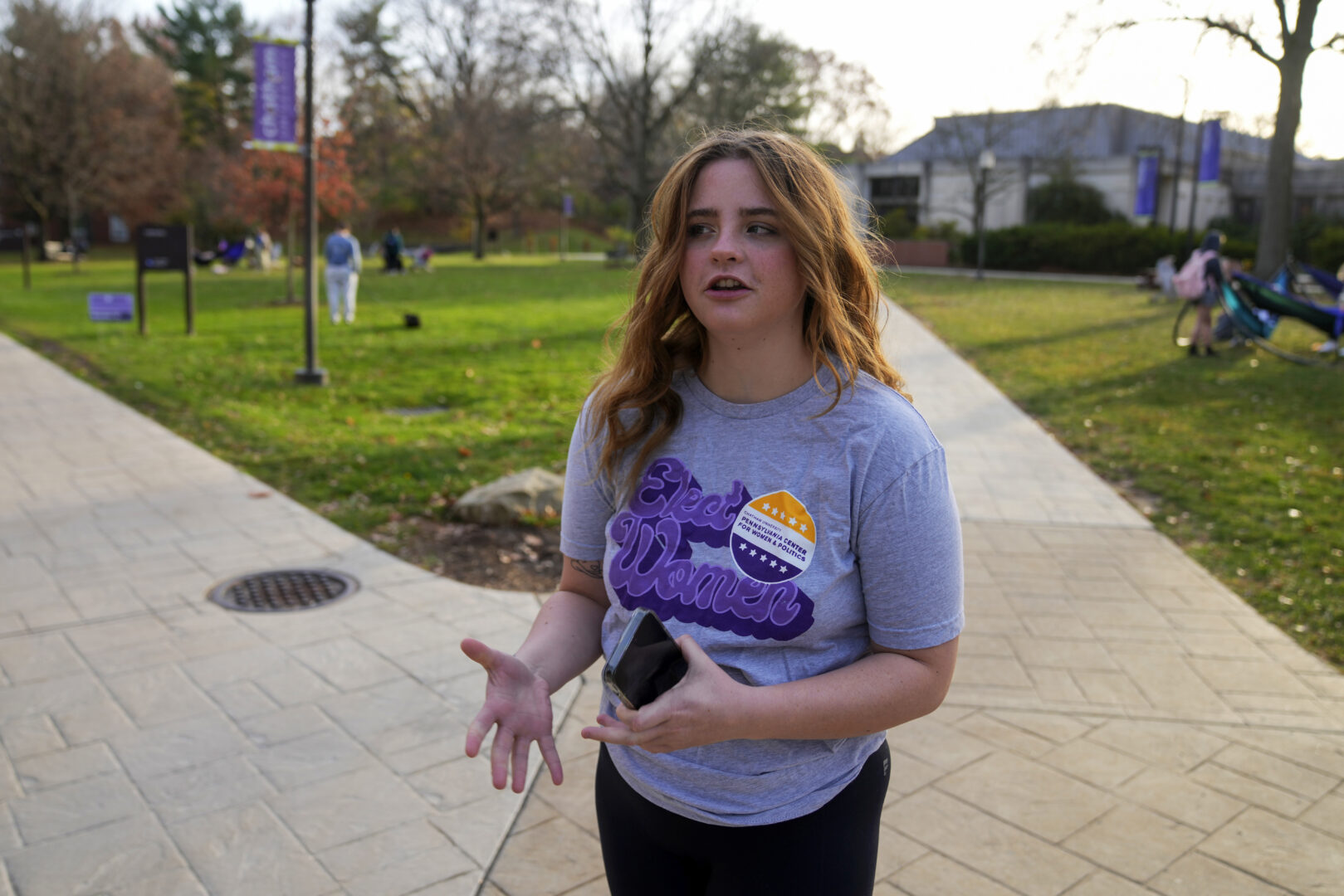 Brianna McCullough, 20, a sophomore at Chatham University in Pittsburgh, walks through campus on Thursday, Nov. 10, 2022. Support for abortion rights did drive women to the polls in Tuesday's elections. But for many, the issue took on higher meaning, part of an overarching concern about the future of democracy. 
