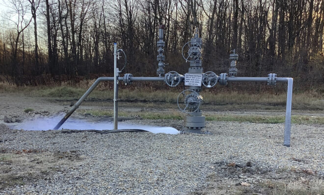 This Nov. 7, 2022, photo, released by the Pennsylvania Department of Environmental Protection shows a methane leak at a well owned by Equitrans Midstream at their Rager Mountain storage facility near Jackson Township, Pa. A vent at the underground natural gas storage well in Western Pennsylvania has been spewing massive amounts of planet-warming methane into the atmosphere for more than 11 days. (Pennsylvania Department of Environmental Protection via AP)